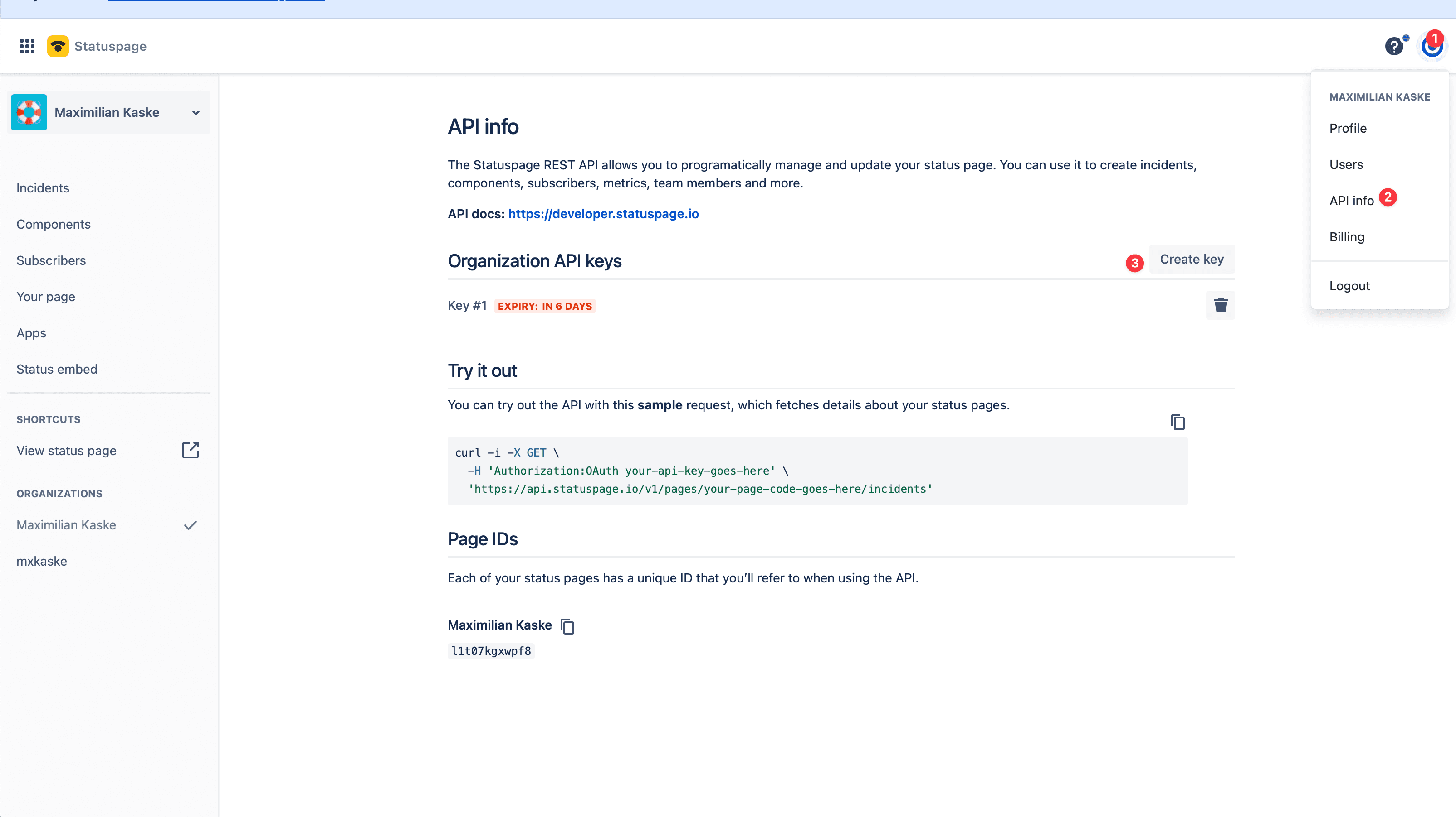 Atlassian Statuspage API settings page showing organization API keys and Page IDs