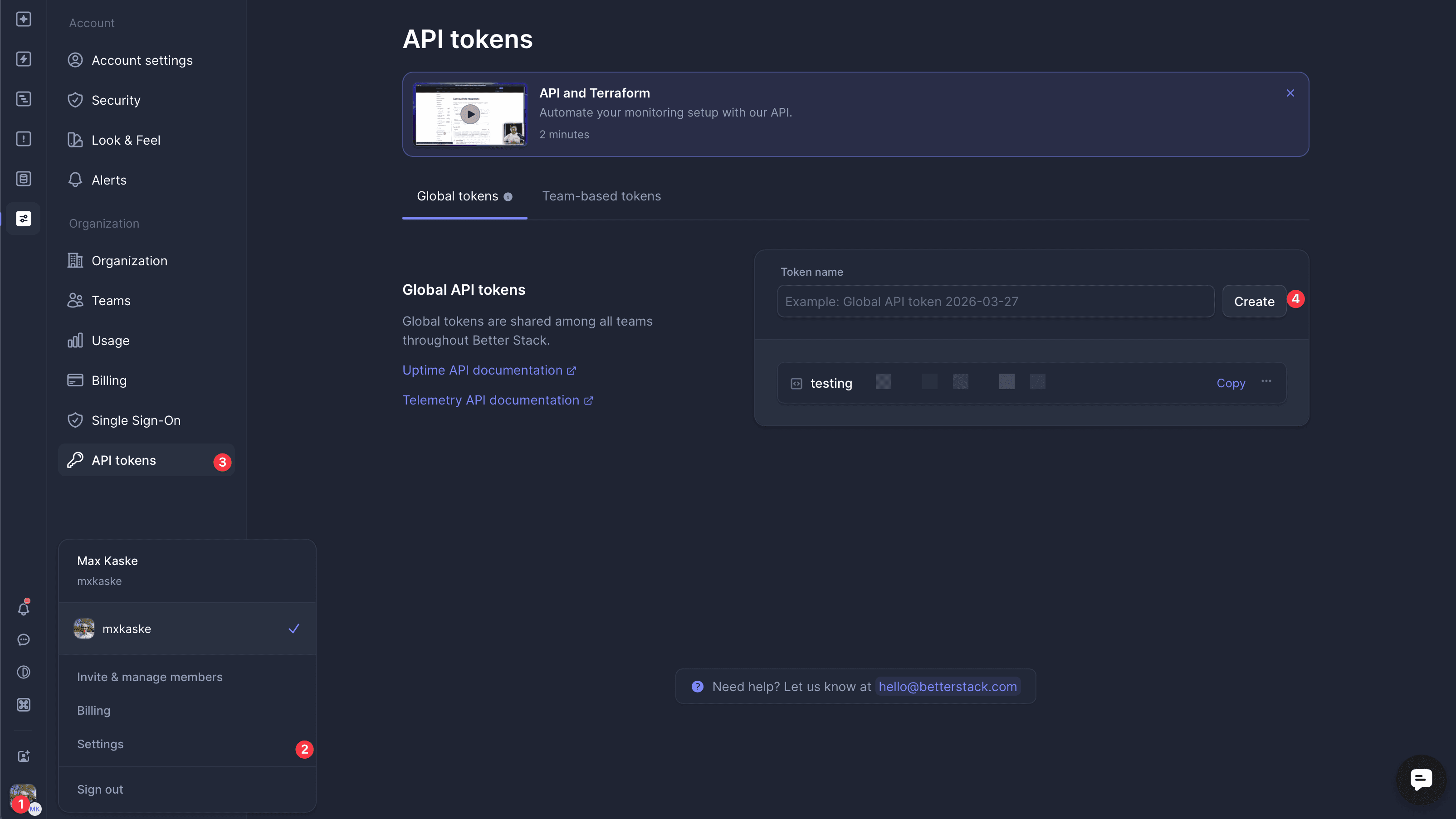 Better Stack API tokens page showing where to find the Uptime API token